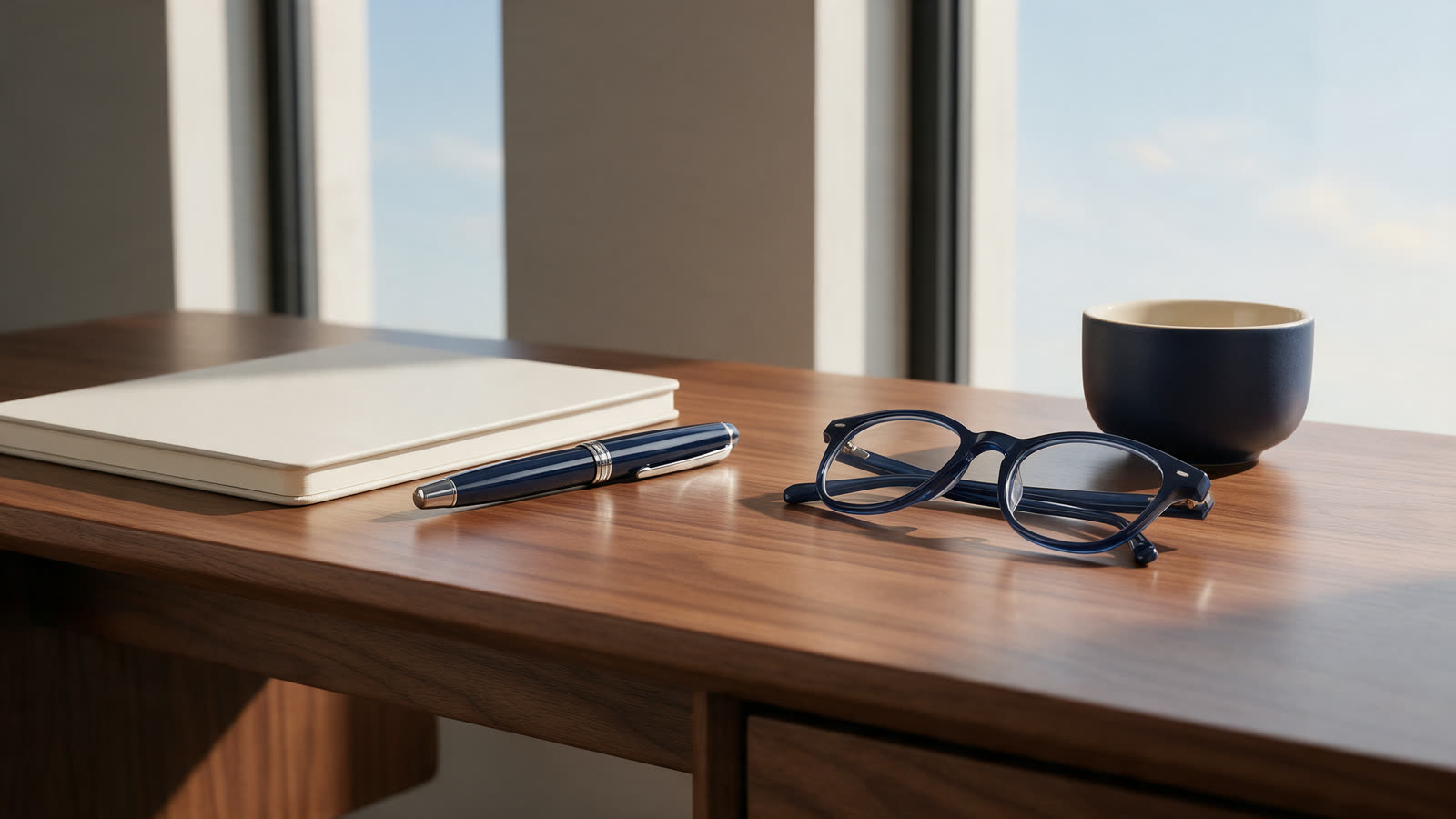 BonniRaderman.com: personal name domain Minimalist desk with an ivory notebook, fountain pen and ceramic cup beside a tall window