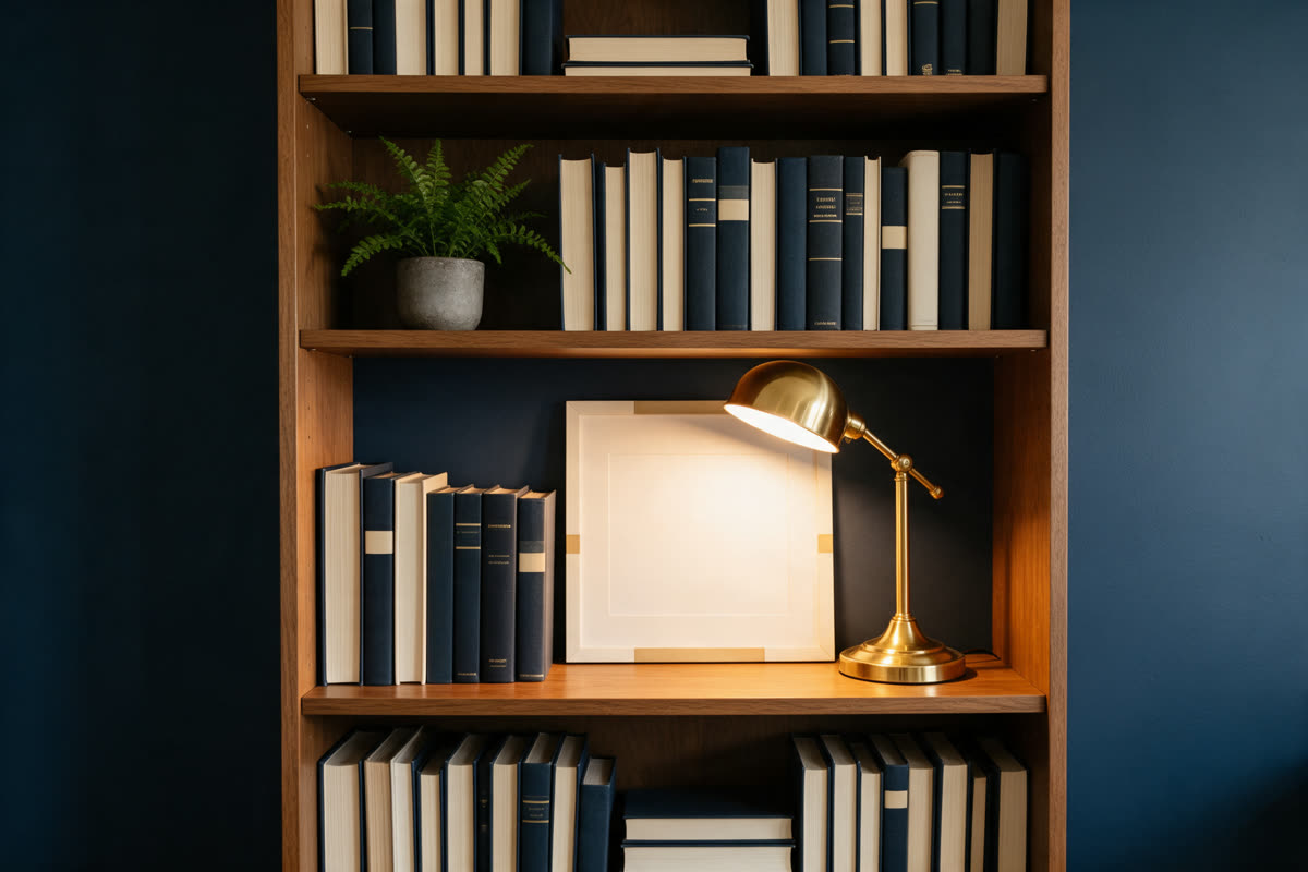 Author and consultant workspace Home office bookshelf with hardcover books, a fern and a brass lamp against a navy wall