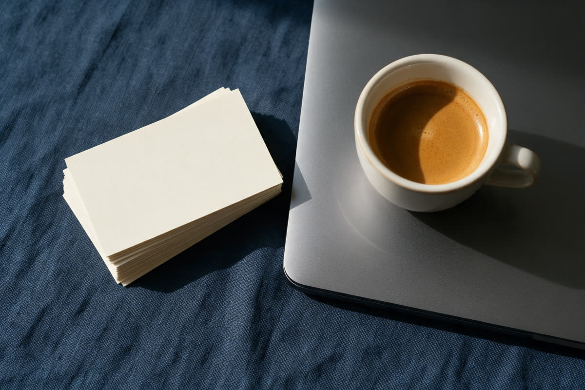 Business cards and laptop Stack of blank business cards beside a closed laptop and an espresso cup