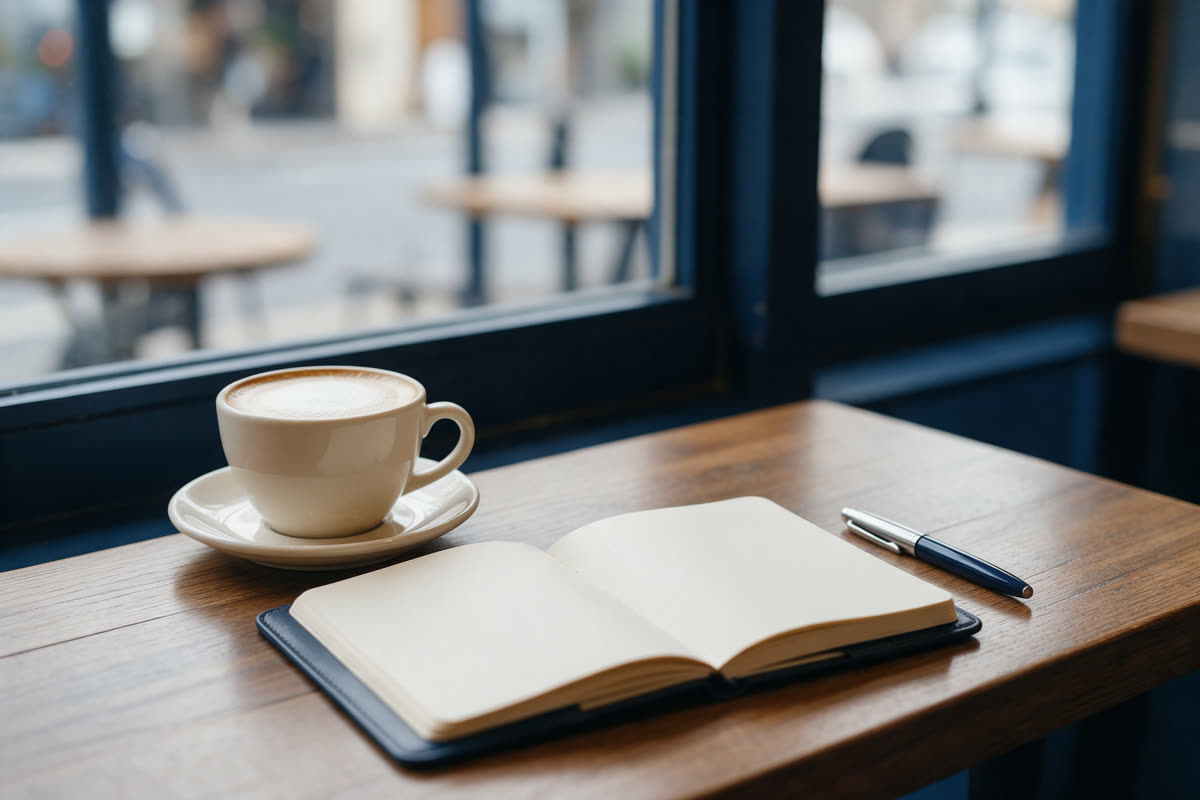 Writing at a cafe window Cafe table with a cappuccino and an open leather journal by a window